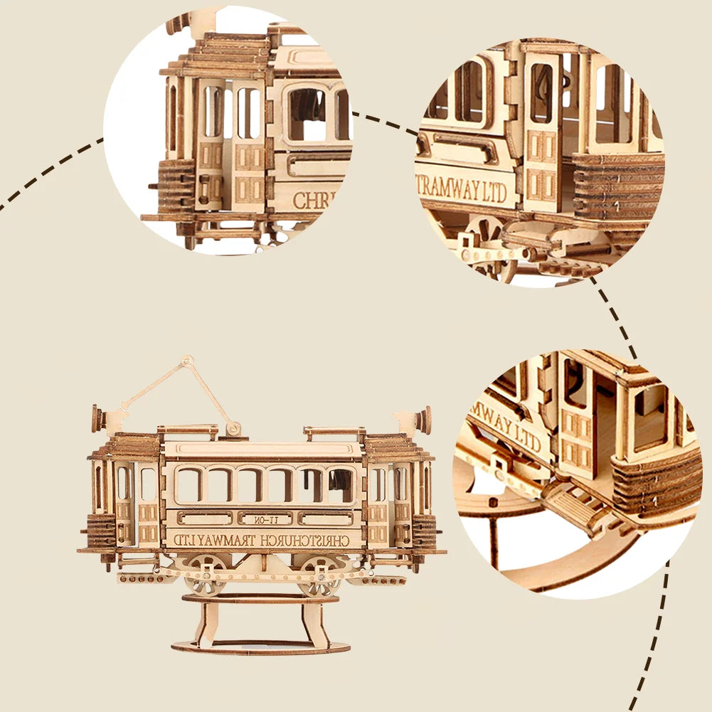 3D Retro Tram Model Wooden Jigsaw Puzzle DIY Wooden Jigsaw Puzzle Adult Toy Children's Educational Game Wooden Jigsaw Puzzle