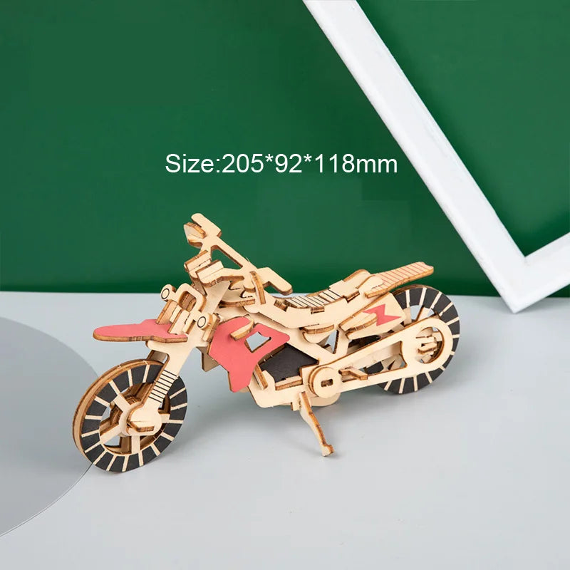 3D Wooden Cars Motorcycle Puzzle Assembly Model DIY Handmade Jigsaw Desktop Decorations for Kids Gift