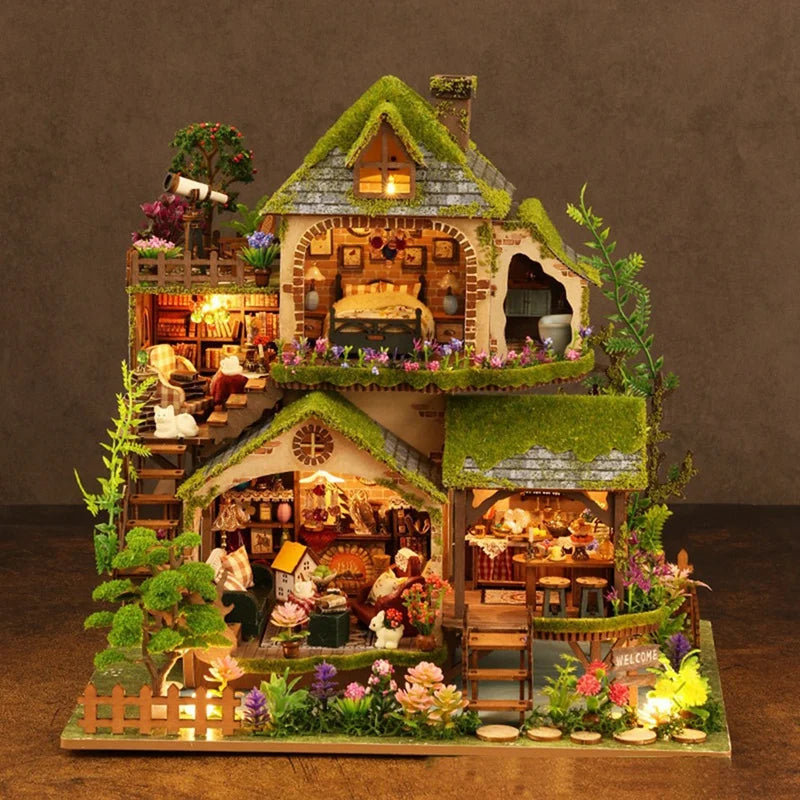 ABYN-DIY Wooden Forest Adventure House Building Kit Assembled Dollhouse Bookshelf Home Decor Friend Birthday Gift