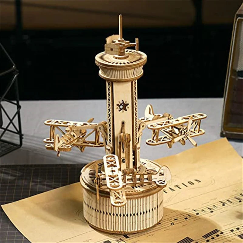Robotime Roker 3D Wooden Puzzles for Adults DIY Musical Box Model Kit to Build Self-Assembly Building Kit Airplane-Control Tower