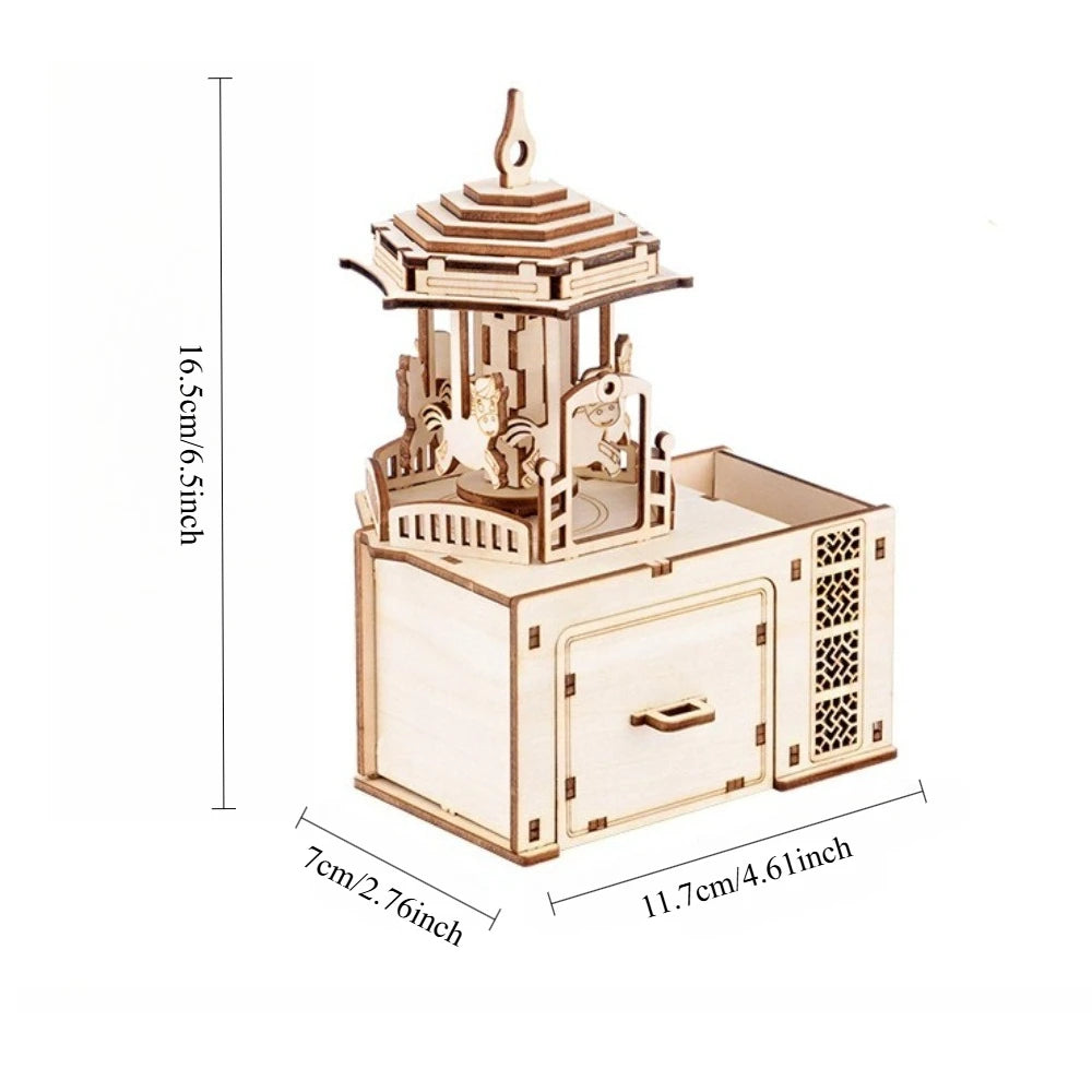 3D Wooden Puzzle WindUp Carousel Music Box MultiFunction Pen Holder Kids Craft Gift Safe Material