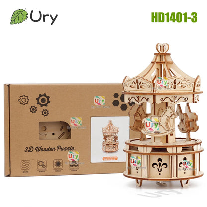 Rotatable DIY 3D Puzzles Carousel merry-go-round Music Octave Box Wooden Model Mechanical Kits Assembly Decor Toys Gift for Kids