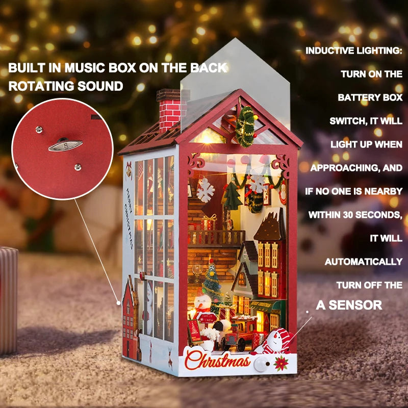 Creative 3D Christmas Book Stand Assembled Building Kits Model with Lights Wooden Puzzles Desktop Decoration Toys Gifts for Kids