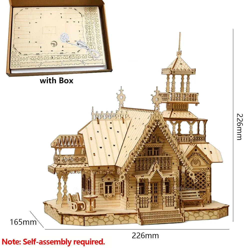 DIY Villa 3D Wooden Model Kit with Light Castle Puzzles Assembly Toy Kid Adult DIY Model Kits Desk Decoration for Gift