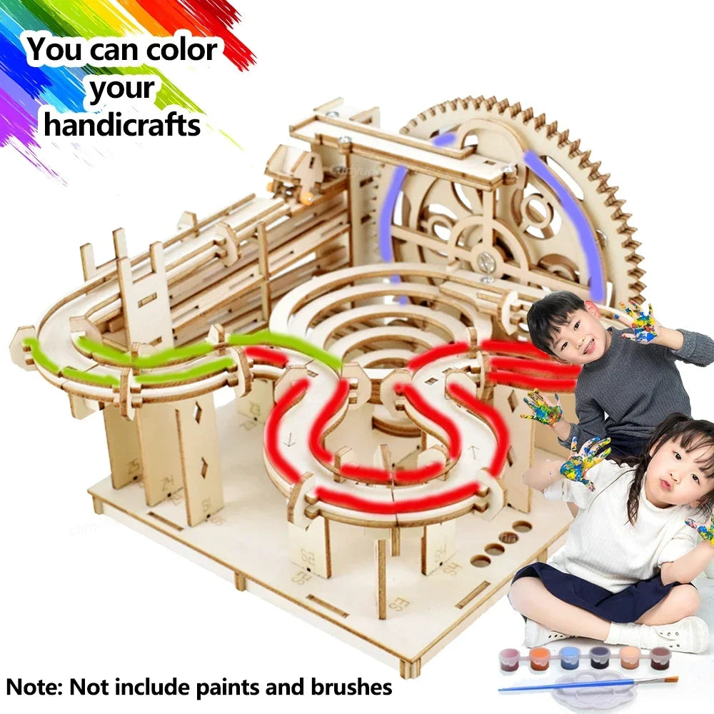 3D Wooden Puzzle DIY Building Kits Mechanical Model Marble Run Set with 4 Balls Creative STEM Toys for Adults Kids Birthday Gift