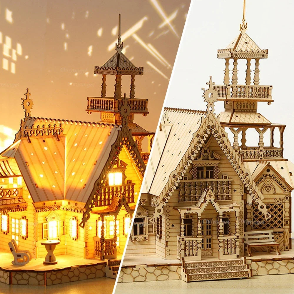 DIY Villa 3D Wooden Model Kit with Light Castle Puzzles Assembly Toy Kid Adult DIY Model Kits Desk Decoration for Gift