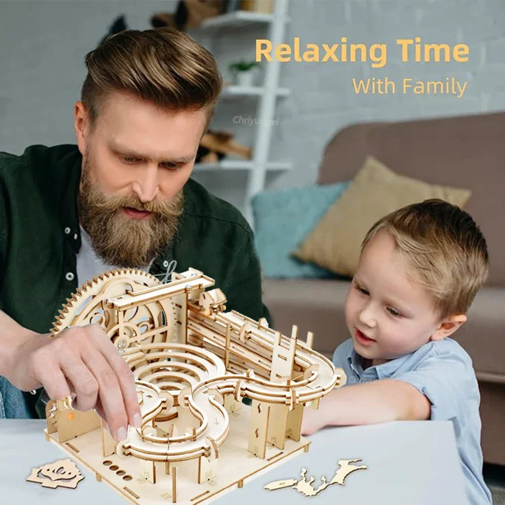 3D Wooden Puzzle DIY Building Kits Mechanical Model Marble Run Set with 4 Balls Creative STEM Toys for Adults Kids Birthday Gift