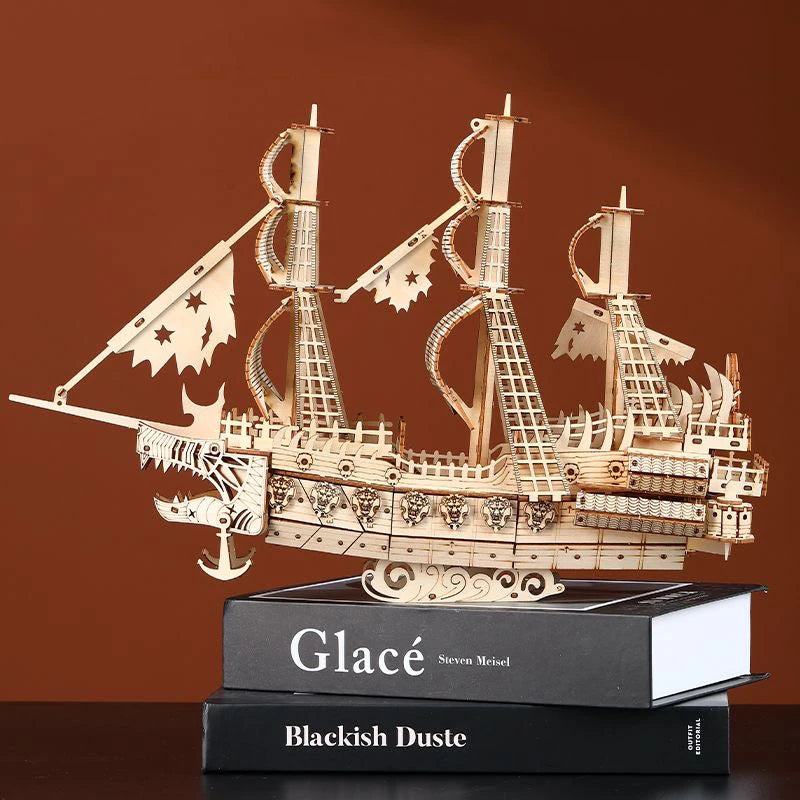 3D Puzzle DIY Wooden The Flying Dutchman Pirate Ship Assembled Miniature Model Kits Jigsaw Puzzles for Friends Birthday Gifts