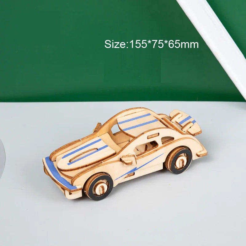 3D Wooden Cars Motorcycle Puzzle Assembly Model DIY Handmade Jigsaw Desktop Decorations for Kids Gift