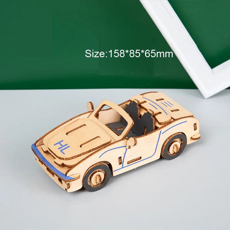 3D Wooden Cars Motorcycle Puzzle Assembly Model DIY Handmade Jigsaw Desktop Decorations for Kids Gift