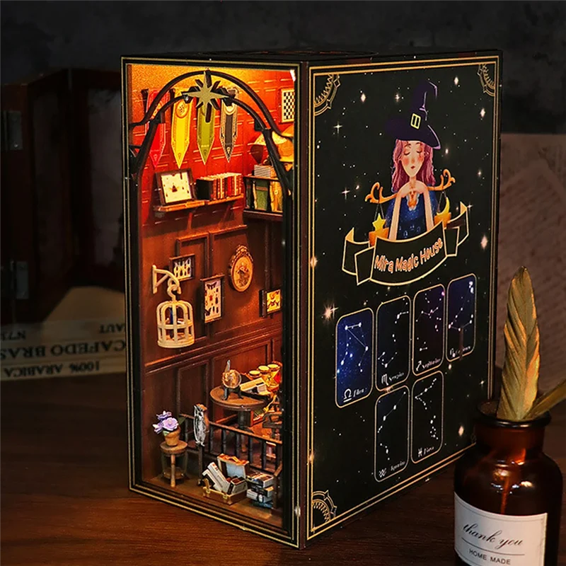 WOTT-DIY Book Nook Kit Wooden  House 3D Puzzle Assembly Model Construction Bookshelf Insert Decoration