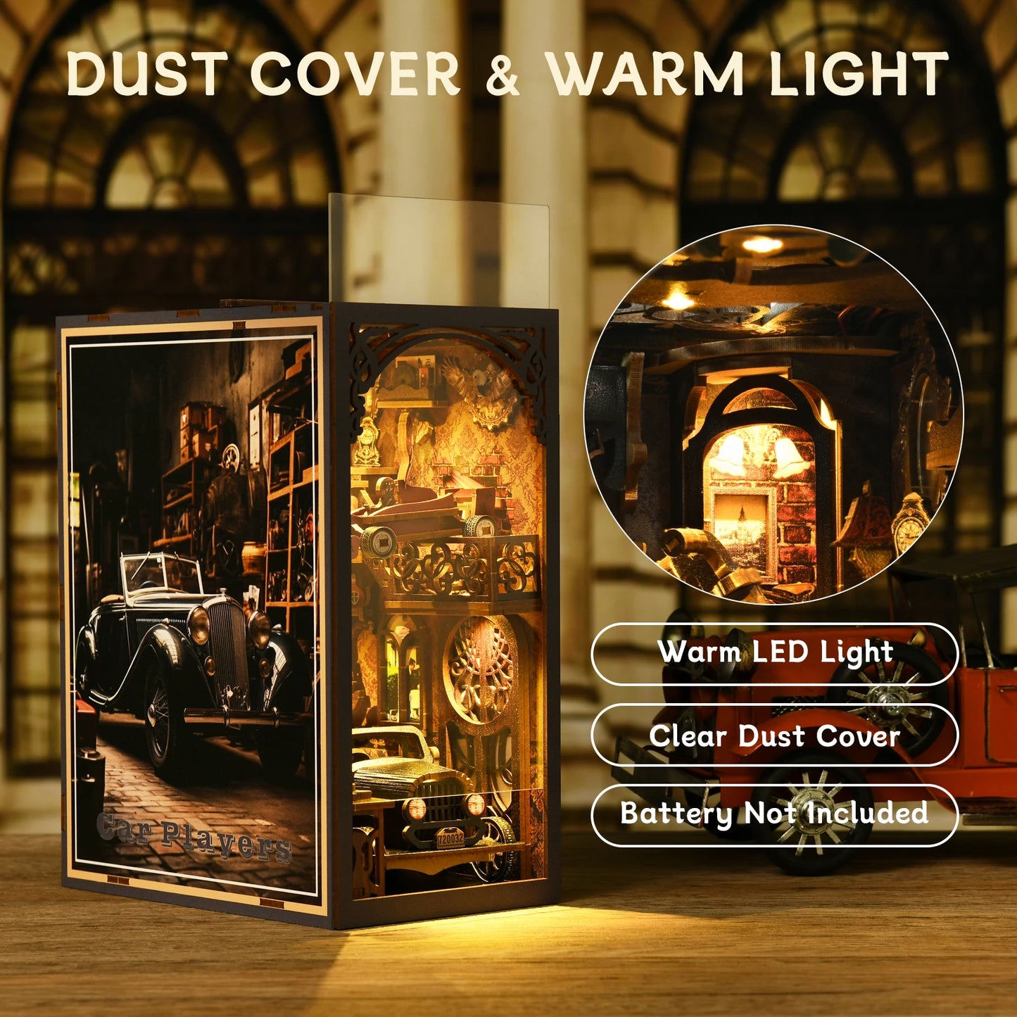 Model Car Vintage Classic Car Wooden Creative DIY 3D Puzzle Book Nook Kit Science Experiment Education Children's Toys Bookshelf