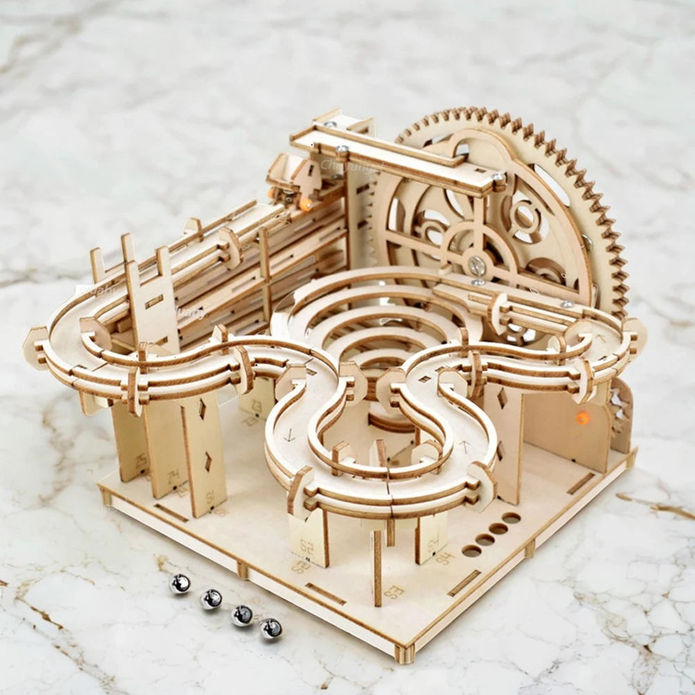 3D Wooden Puzzle DIY Building Kits Mechanical Model Marble Run Set with 4 Balls Creative STEM Toys for Adults Kids Birthday Gift