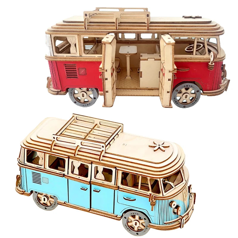 3D Wooden Car Puzzle Retro Bus European Style Campervan DIY Assembly Model Kit Educational Toy for Children Kids Home Decoration