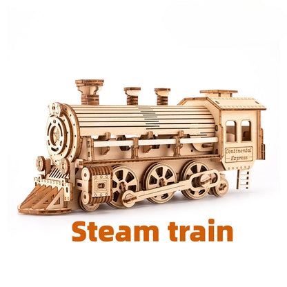 Steam Train Wooden Three-dimensional Puzzle 3D Retro Mechanical Model Assembled Building Blocks Toys Gifts