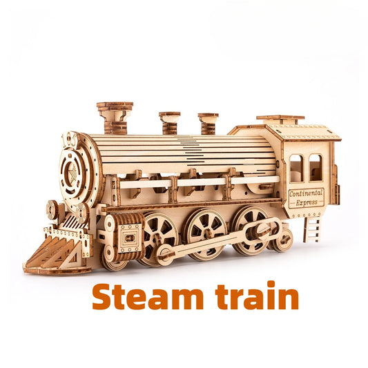 Steam Train Wooden Three-dimensional Puzzle 3D Retro Mechanical Model Assembled Building Blocks Toys Gifts