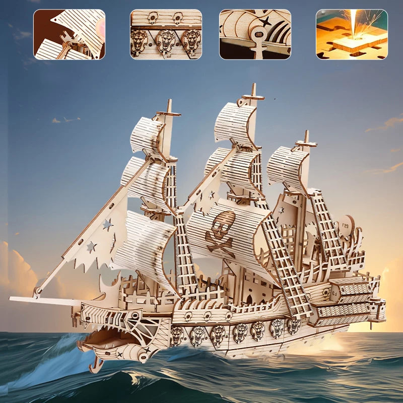 3D Puzzle DIY Wooden The Flying Dutchman Pirate Ship Assembled Miniature Model Kits Jigsaw Puzzles for Friends Birthday Gifts