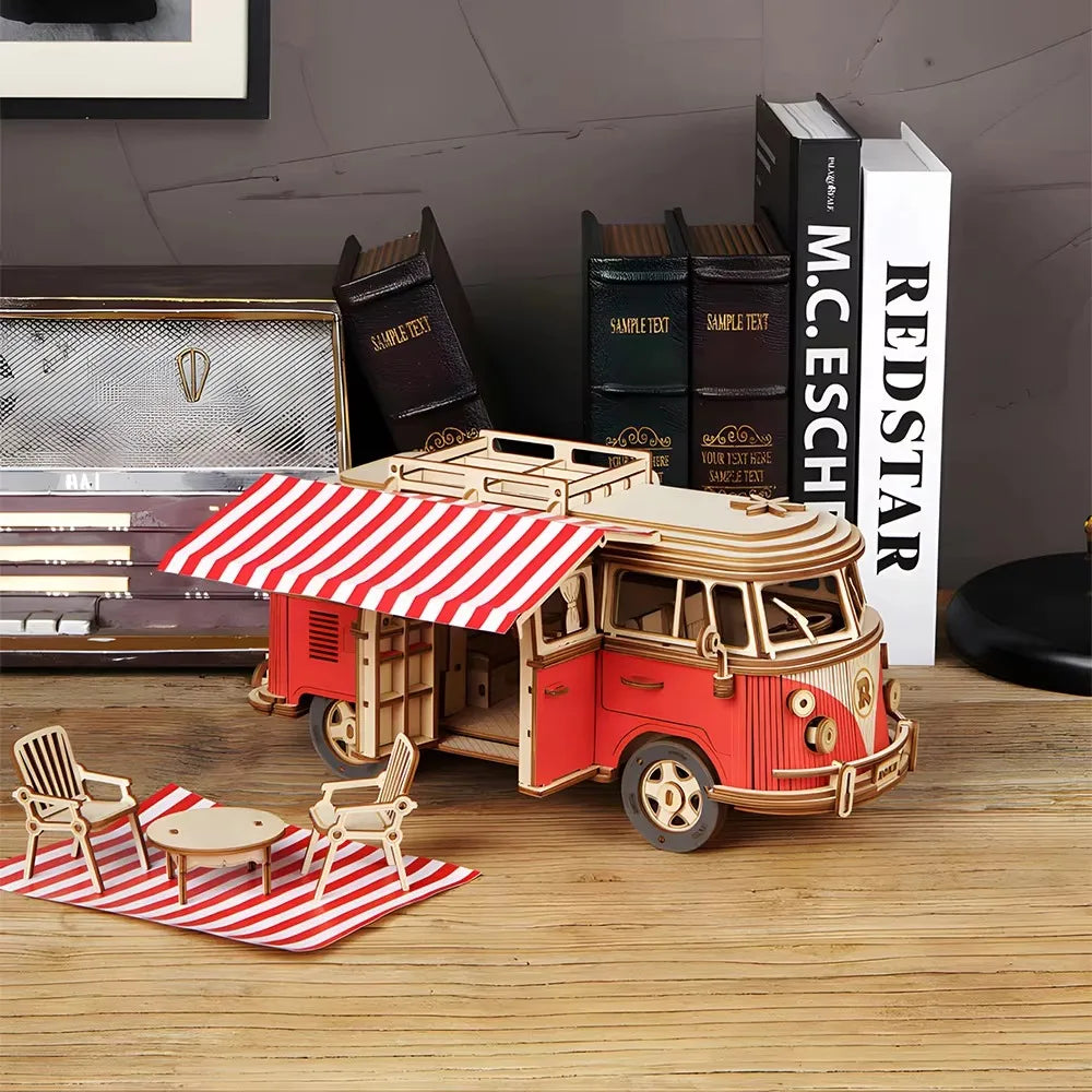3D Wooden Car Retro Bus Europeanstyle Campervan DIY Manual Assembly Puzzle Camper Van Educational Toy for Children Christma Gift