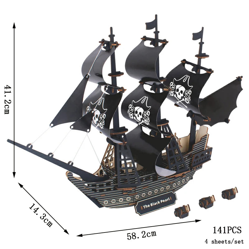 3D Sailing Ship Warship Pirate Ship Wooden Puzzle Boat Model DIY Educational Handmade Toys For Children Kids Party Games Gift