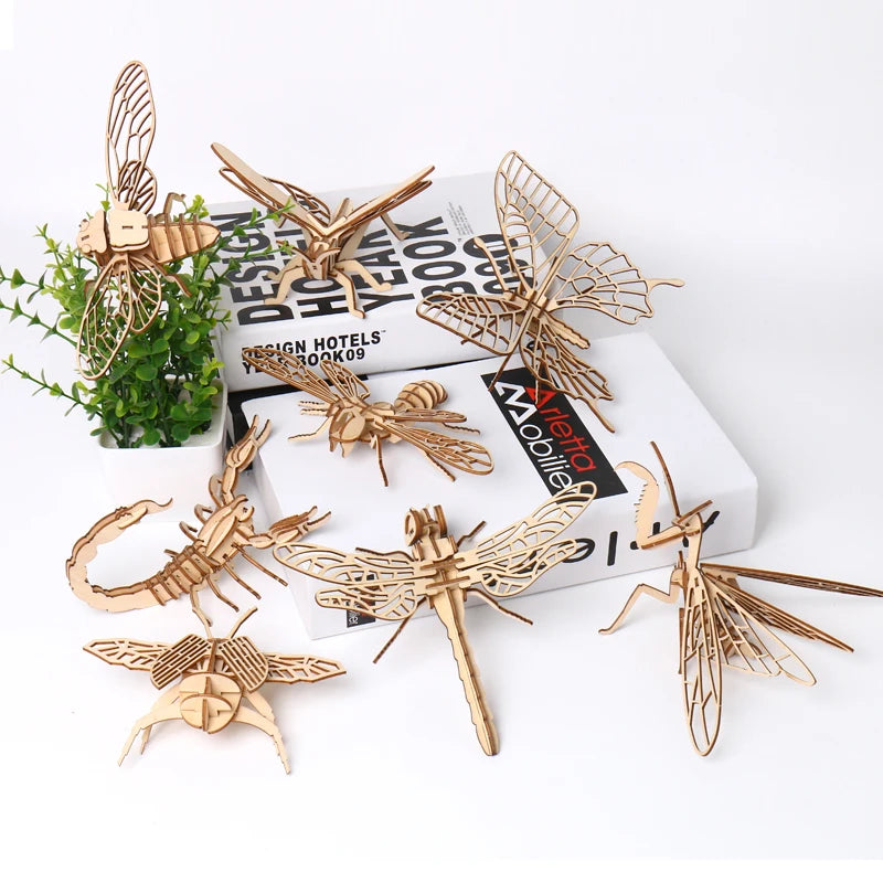 Wooden 3D Puzzle DIY Insects Animal butterfly Bee Adult Puzzles Toys ornament handicraft scorpion 14+