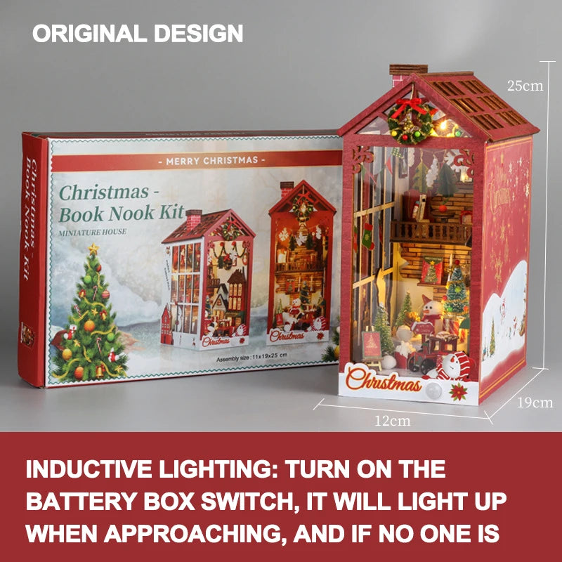 Creative 3D Christmas Book Stand Assembled Building Kits Model with Lights Wooden Puzzles Desktop Decoration Toys Gifts for Kids