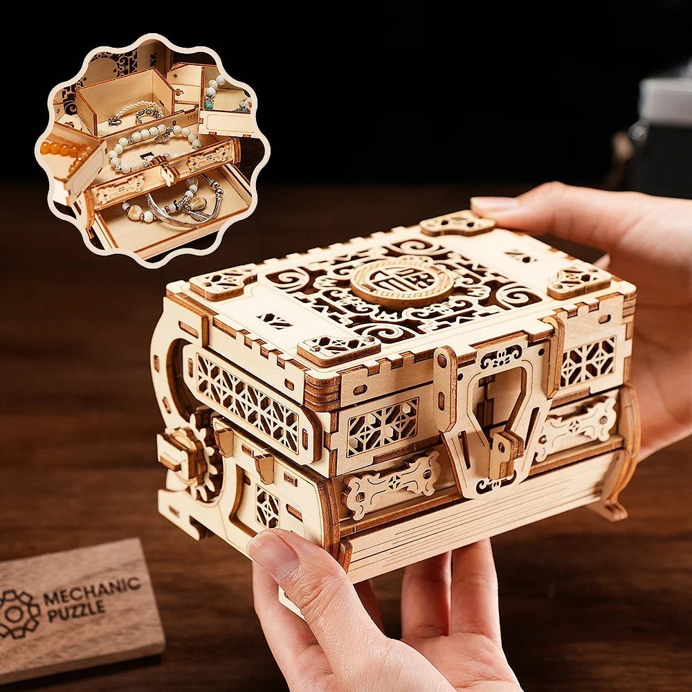Wooden Desktop Ornament 3D Wooden Puzzle DIY Antique Jewelry Box Craft Kit Fun Storage Box Decoration Birthday Gift