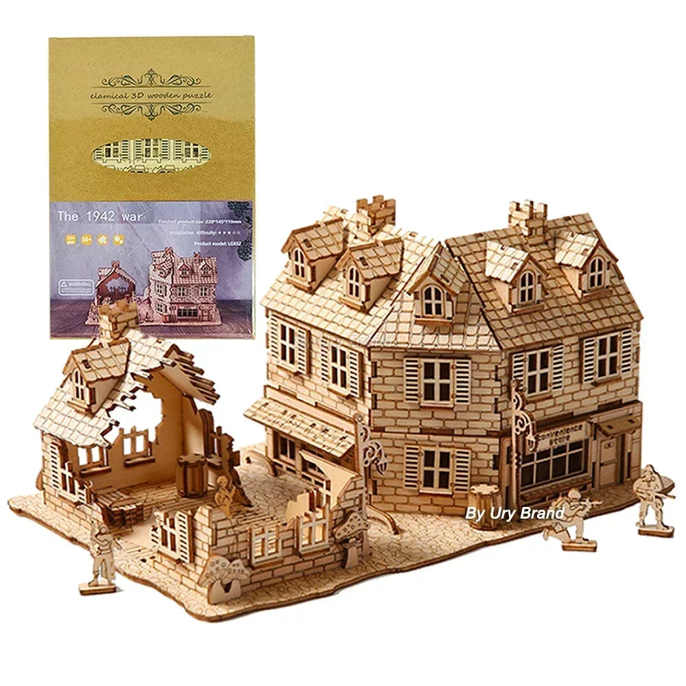 3D Wooden Puzzle WW2 War City Postwar Handmade Mechanical Assembly House Model DIY Kits Toys Desk Decoration Gifts For Kids