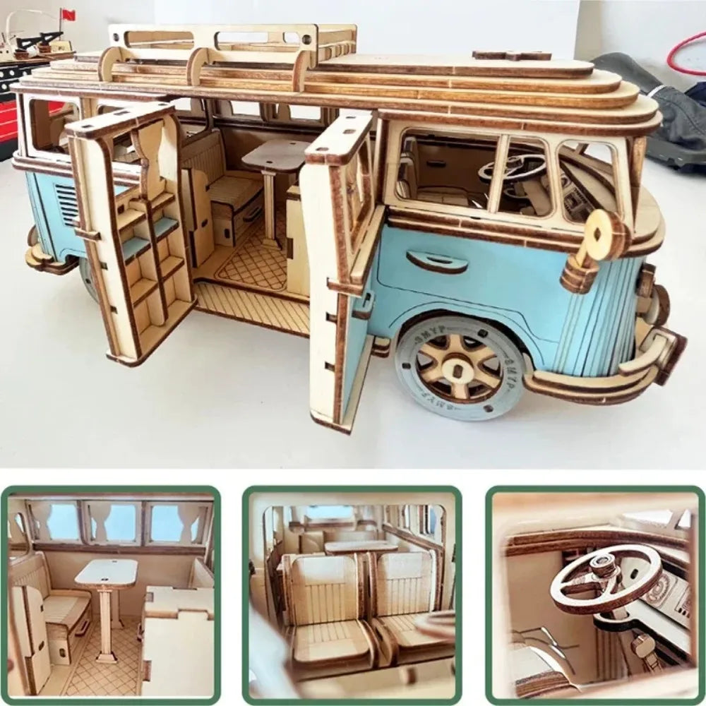 3D Wooden Car Retro Bus Europeanstyle Campervan DIY Manual Assembly Puzzle Camper Van Educational Toy for Children Christma Gift