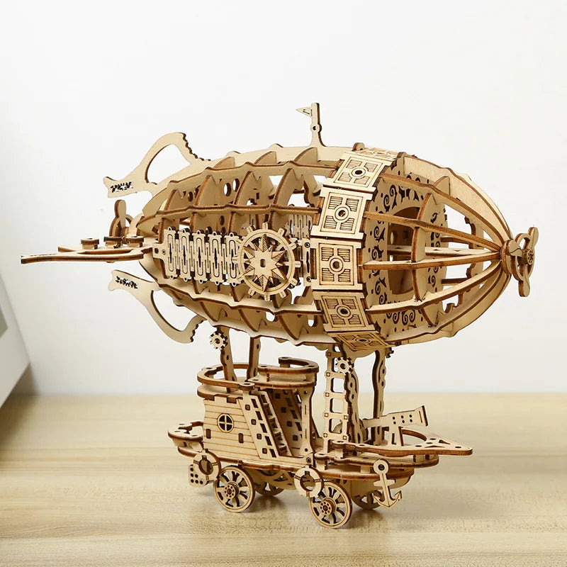 DIY wooden 3D puzzle assembly airship mechanical model decompression toy 3D stereo model handmade desktop ornament steam toy