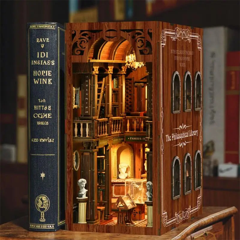 DIY Wooden  The Philosophical Library Book Nook Shelf Insert Miniature Model Kits Bookshelf Bookend for Friends Birthday Gifts