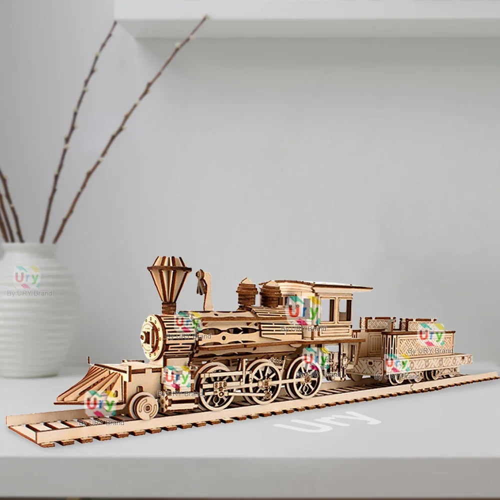Ury 3D Wooden Puzzle Retro Steam Train with Track Railway Bridge Handmade Assembly Truck Model DIY Toys Decoration Gift for Kids
