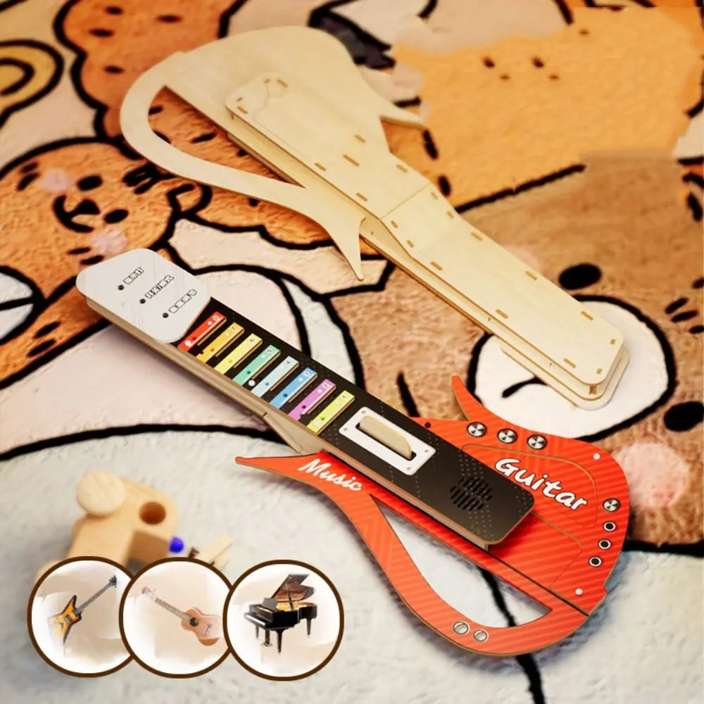 Wooden DIY Technology Electric Guitar DIY Assembly Montessori Children's Music Guitar Toy Music Learning Portable