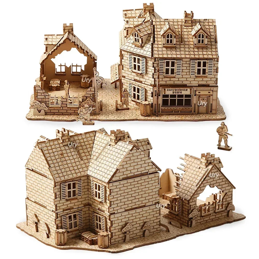 3D Wooden Puzzle WW2 War City Postwar Handmade Mechanical Assembly House Model DIY Kits Toys Desk Decoration Gifts For Kids