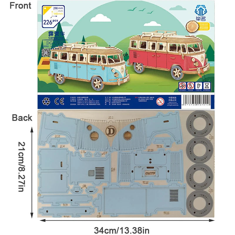 3D Wooden Car Puzzle Retro Bus European Style Campervan DIY Assembly Model Kit Educational Toy for Children Kids Home Decoration