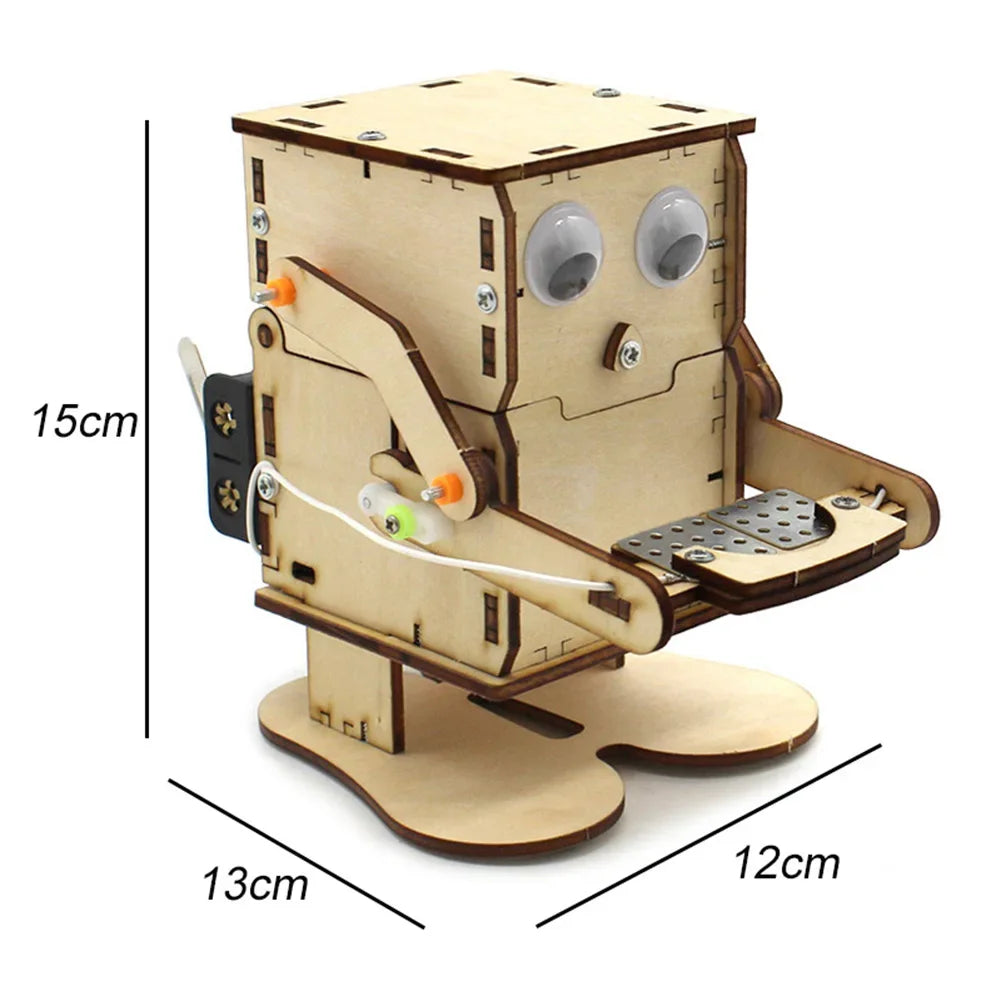 DIY Wooden Robot Eating Coin Invention Model Teaching Learning STEM Project for Students Kids Science Experiment Assemble Kit