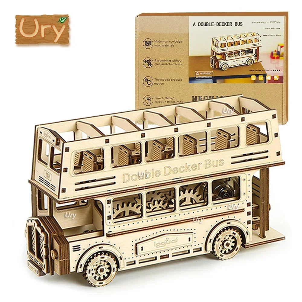 Ury 3D Wooden Puzzle Movable Retro Steam Train Double-decker Bus Handmade Assembly Truck Model DIY Toys Decoration Gift for Kids