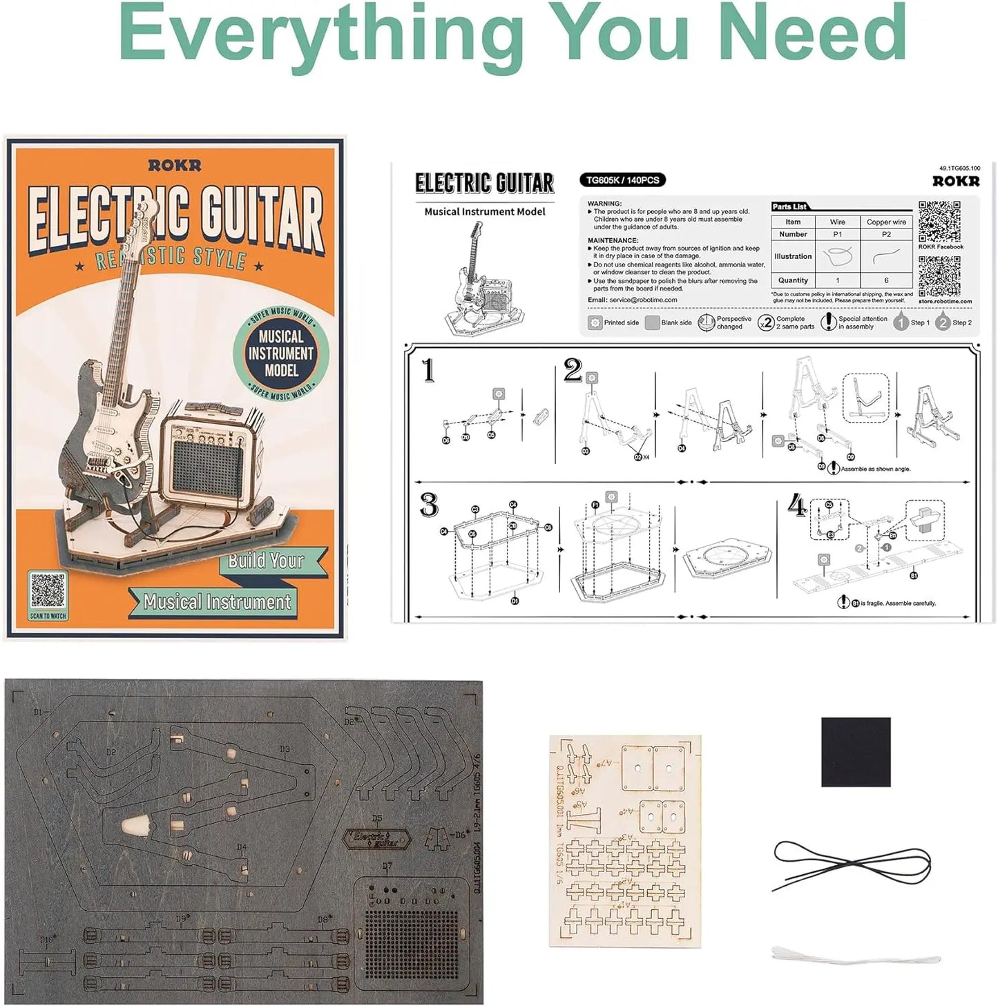 Robotime Rokr 3D Wooden Puzzles Guitar Craft Model Kits 140 Pieces Build Musical Instruments for Adults