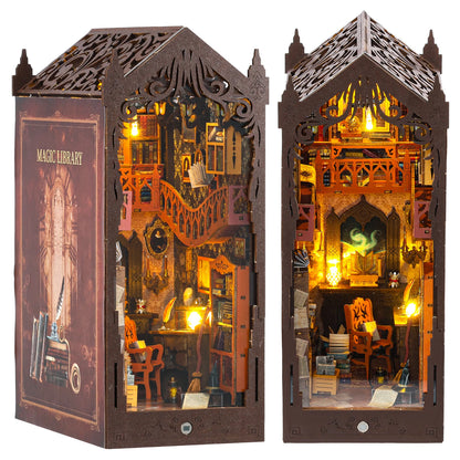 DIY Book Nook Kit 3D Wooden Puzzle Bookshelf Insert Decor with Light DIY Miniature Dollhouse Model Kit Magic Library Educational