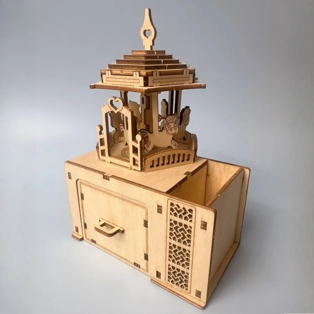 3D Wooden Puzzle WindUp Carousel Music Box MultiFunction Pen Holder Kids Craft Gift Safe Material