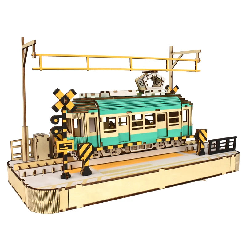 3D Wooden Puzzle Streetcar Sakura Journey Tram Station Retro Car Bus Model DIY Assembly Toys For Children Kids Desk Decoration