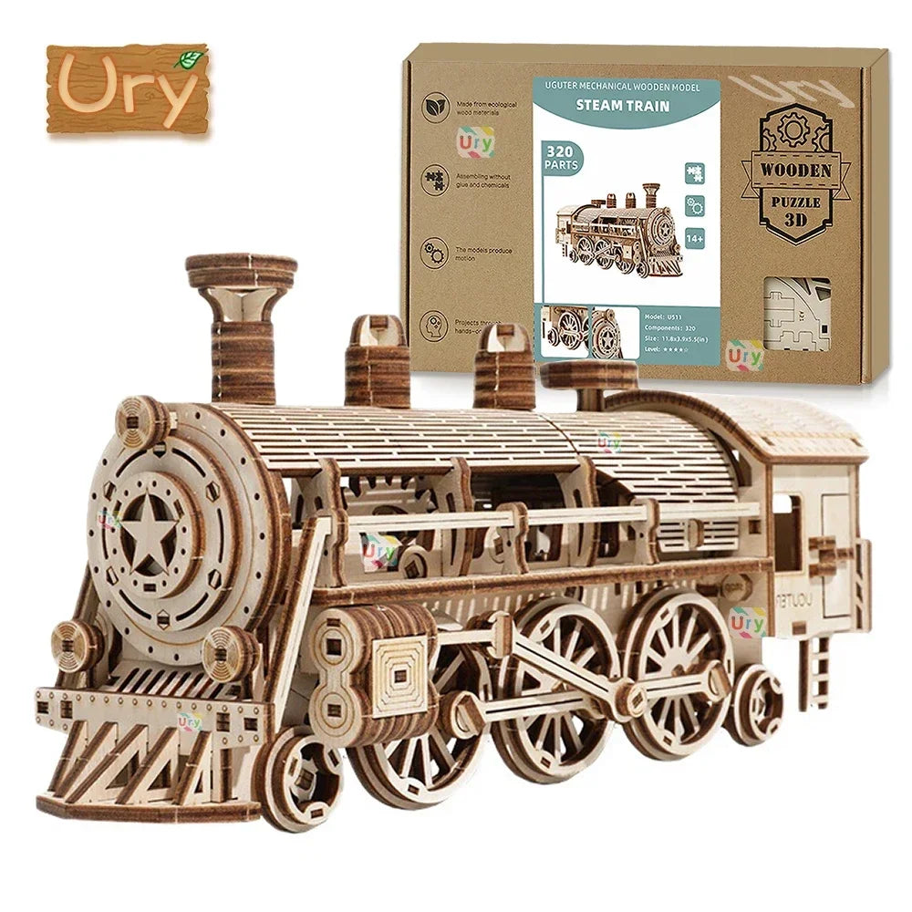 Ury 3D Wooden Puzzle Movable Retro Steam Train Double-decker Bus Handmade Assembly Truck Model DIY Toys Decoration Gift for Kids