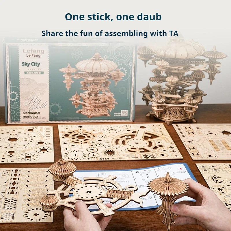 Wooden Handmade 3d Music Box Assembly Building Blocks Sky City Handmade Diy Building Block Model Decoration Kit Gifts For Adults