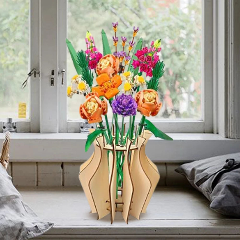 Bouquet Vase 3D Wooden Building Blocks Model Wood Stereo Stitch Puzzle Models Kit Gifts for Women Men