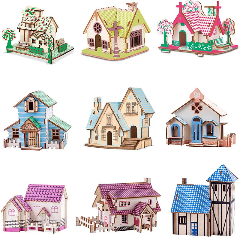 3D Wooden Puzzle Jigsaw House Villa Architectural Models DIY Assembled Combination Kids Handmade Craft Puzzle Decoration