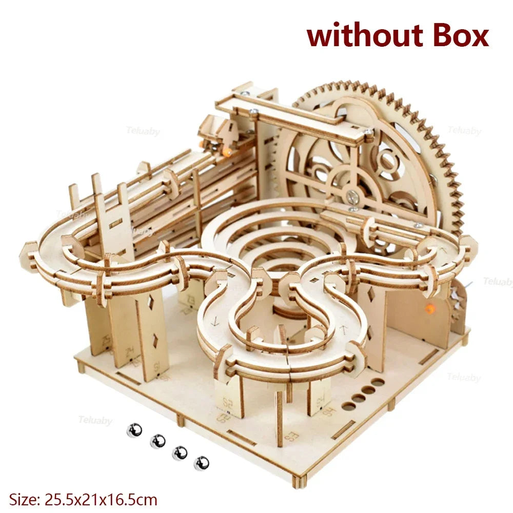 3D Wooden Puzzle DIY Building Kits Mechanical Model Marble Run Set with 4 Balls Creative STEM Toys for Adults Kids Birthday Gift